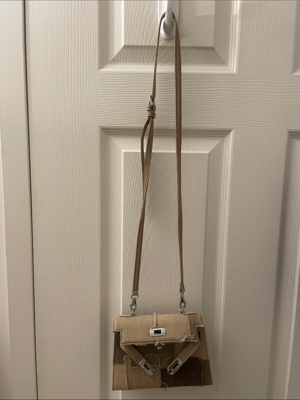 Neutral Patchwork Tan Crossbody Bag with Silver-Tone Accents